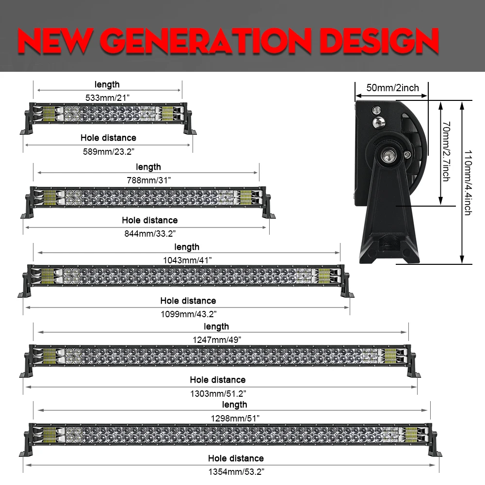 CO LIGHT 52" 12V 24V Offroad Led Light Bar Spot Flood Combo Beam 110000LM Led Bar 2-Row Led Work Light Bar for Car 4WD Truck SUV images - 6