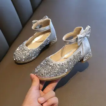 

New Princess Kids Leather Shoes Girls Bow Casual Glitter Children High Heel Girls Shoes Size 26-36