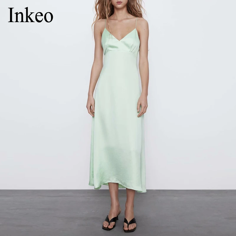 

2020 Summer Sexy Satin V Neck Midi Dress Women Spaghetti Strap Sleeveless Backless Hollow out Long Dresses Lady Chic INKEO 9D171