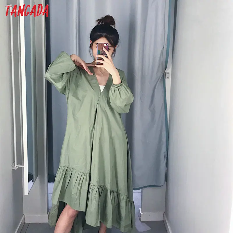 Tangada женское свободное зеленое плиссированное платье с длинным рукавом и v-образным вырезом модное повседневное удобное платье vestidos feminina CE111