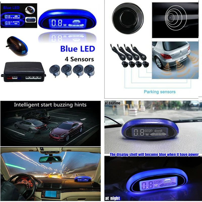 4 Parking Sensors LED Display Car Rear Reverse Backup Radar Blue Screen System