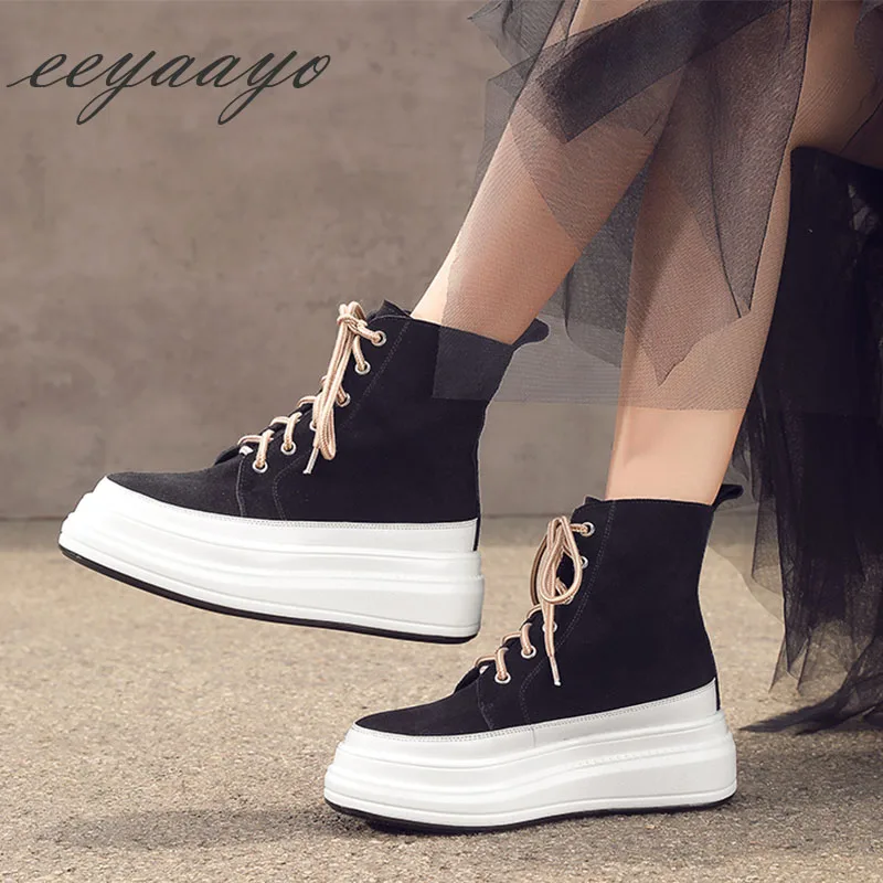 New Winter Genuine Leather Women Ankle Boots Round Toe Lace-Up Solid Causal Women Platform Shoes Black Female Short Boots