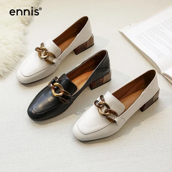 

ENNIS Brand Women Pumps Low Heel Spring Genuine Leather Casual Shoes With Chain Decoration White Black Boat Shoes Loafers P0005