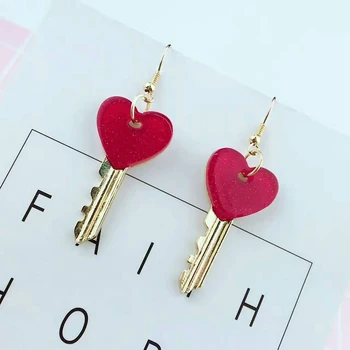 

Acrylic Heart Gold Metal Key Earrings Personality Women Drop Earrings Fashion Jewelry Four Colors