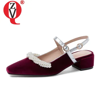

ZVQ spring summer newest square toe shoes 2020 woman string bead back backle mid heel sandals 4.5 cm heel dress date shoes