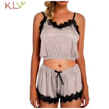 

Women's Sleepwear Sexy Satin Pajama Set 3XL Plus Size Black Lace V-Neck Pyjamas Sleeveless Cute Cami Top Short Pijama Mujer 19Dc