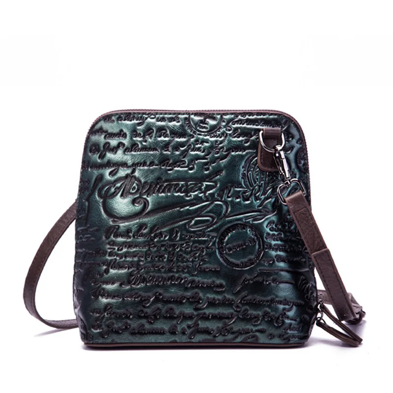 Green Vintage Genuine Leather Women Crossbody Bag New Trend Letter Embossed Female Shoulder Bags Cowhide Brushing Women Bags Handbags - Цвет: Green