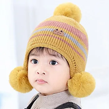 

Winter Newborn Baby Cute Warm Kids Girls Boys Baby Stripe Plush Ball Design Hats Knitted Wool Hemming Soft Comfortable Caps i