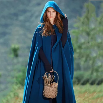 

Women Wool Cape Coat Winter Hooded Warmness Gothic Casual Gray Blue Fashion Cloak Outerwear Female Loose Long Overcoats Capes