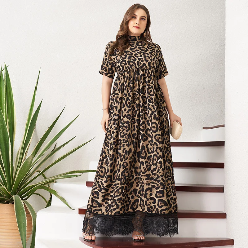 2022 Summer Dress Women Plus Size Elegant Leopard Print Lace Hem Patchwork Short Sleeve Stand Collar Vintage Party Maxi Robes |
