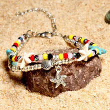 Летний браслет на ногу с кристаллами, двойной слой, морская звезда, Пляжная черепаха, кулон, Женские Ретро Браслеты