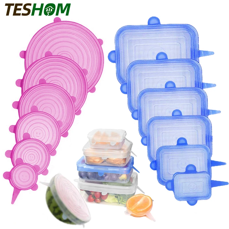 

6pcs Reusable Silicone Food Cover Elastic Stretch Adjustable Bowl Lids Universal Kitchen Wrap Seal Fresh Keeping Silicone Caps