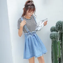 Синие джинсовые плиссированные юбки на подтяжках для женщин, весна, эластичная высокая талия, школьный ремень, джинсовая короткая юбка, женские джинсы, AQ984