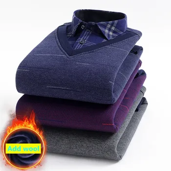 

Plus Size 5XL 6XL 7XL 8XL Winter Shirts Men Add Wool Thick Knitting Shirt Men Fake Two Piece Long Sleeved Warm Shirt Man Blouse