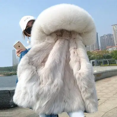 Джинсовая куртка с натуральным лисьим мехом, зимняя куртка, длинная, стильная, из енота, с большим меховым воротником, с капюшоном, женское теплое зимнее пальто, верхняя одежда, парки - Цвет: fox fur lined