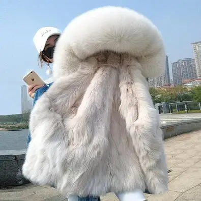 fox fur lined Джинсовая куртка с натуральным лисьим мехом, зимняя куртка, длинная, стильная, из енота, с большим меховым воротником, с капюшоном, женское теплое зимнее пальто, верхняя одежда, парки - Цвет: fox fur lined