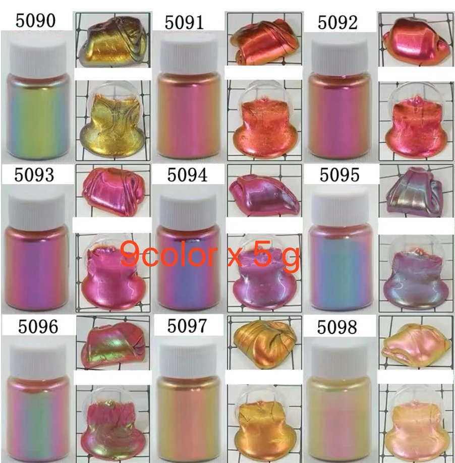 9color x 5g Интенсивный цветной пигмент Хамелеон Русалка порошок для теней для век, тела, нейл-арта, смолы ремесла, грязи 400um - Цвет: 9color x 5g