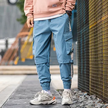 

2019 Autumn Men's Sweatpants high quality polyester multi-pocket jogging sports trousers printing ankle straps men cargo pants