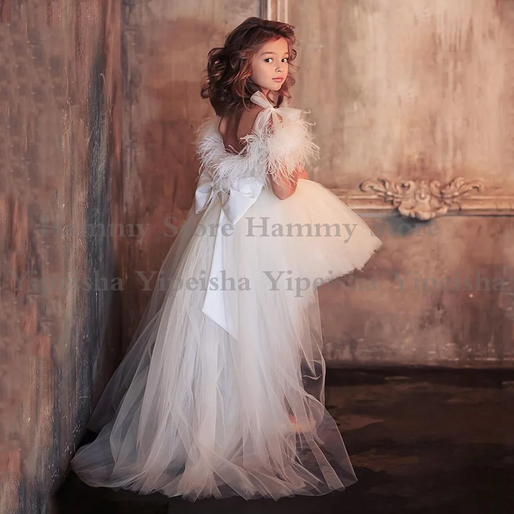 White Flower Girl Dress Feathers Bow Straps Girl's Wedding Party  Off The Shoulder Puff First Communion Gown