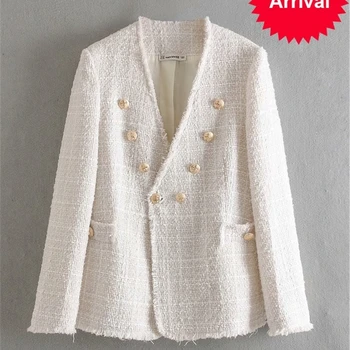 

elegant white Women coat double breasted V neck buttons jacket office wear female casual outwear top blusas