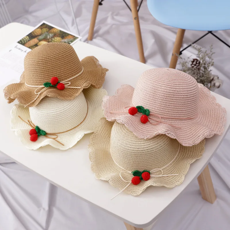 Set med stråhatt och väska för flickor med körsbärsmönster_voghion.com