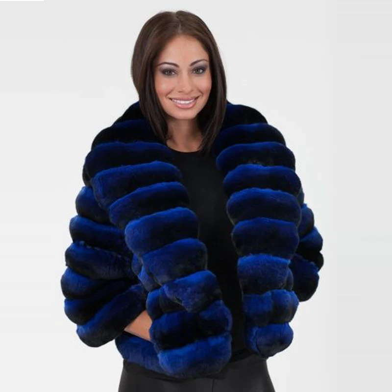 Синее пальто из натурального кроличьего меха с капюшоном, Женская длинная куртка из кроличьего меха с круглым вырезом и рукавами 3/4, винтажная стильная кожаная меховая верхняя одежда