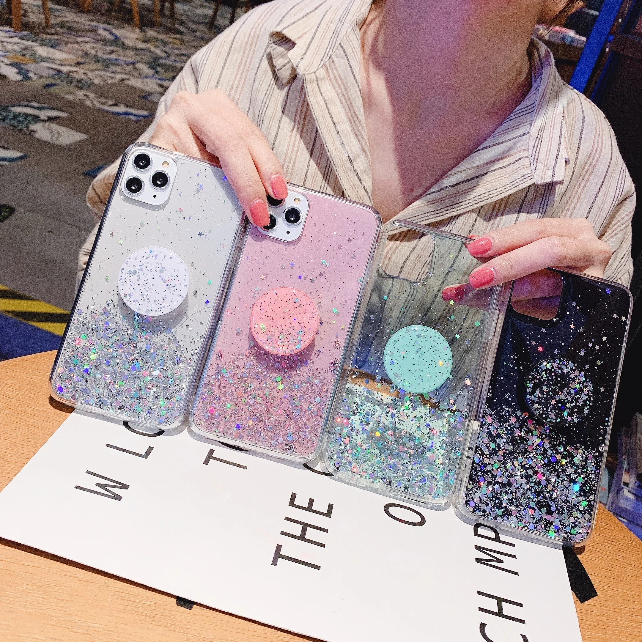 For Samsung Note10 pro note8 note9 Blingbling Glitter Stand Holder Phone case TPU Clear DIY Cute Bling Sequins S8 S9 Coque Funds