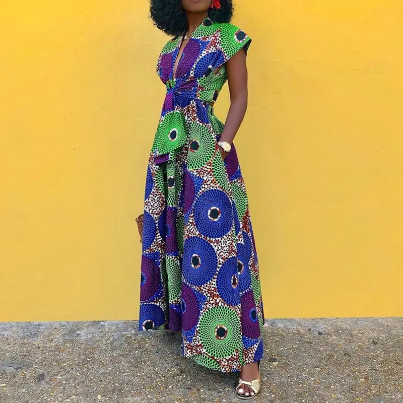 

V-Neck Cap Sleeve Print A-Line Standard-Waist Dress African Style Long Maxi Dresses Robe Boho 2019 Female Elegant Dress