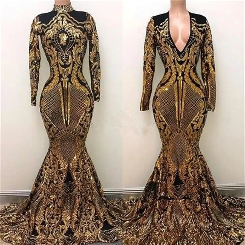 Modern Long Sleeve Mermaid Prom Dresses New Long Sleeve Sparkly Sequined Sweep Strain Two Style Formal Evening Gowns Party Dress