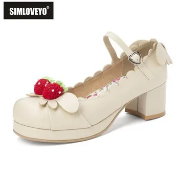 

SIMLOVEYO 2020 Women Pumps Round toe Block heel Sweet lolita Cosplay Shoes strawberry Buckle strap Pu leather Sapatos de mujer
