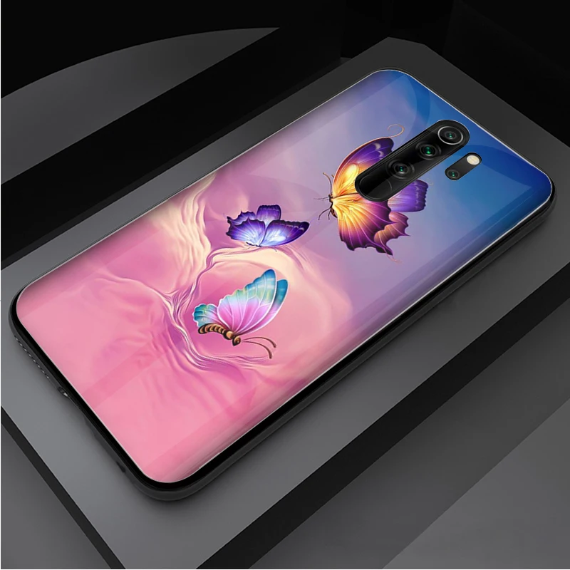 Butterfly Tempered Glass Phone Case For Redmi Note 5 6 7 8 9 Pro Note8T Note9S Pro Redmi7A 8 9 Cover Shell