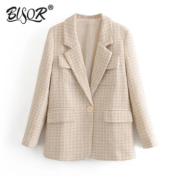 

Vintage Fashion Tweed Plaid Basic Blazers Coat Women Notched Collar Long Sleeve Blazer Outerwear 2019 Casual Casaco Femme