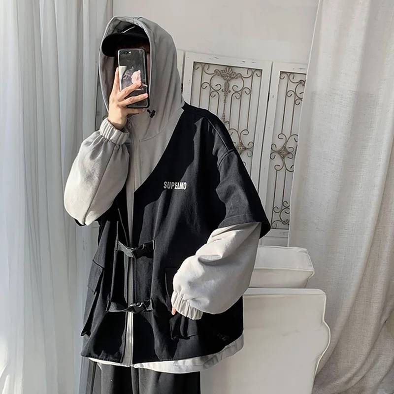 

2020 Spring New Fake 2PCS Splice Loose Casual Hooded Cargo Jacket Coat Male Streetwear Hip Hop Outerwear Bomber Jacket