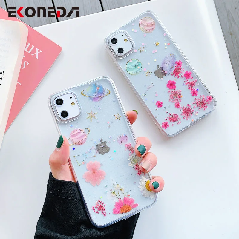 EKONEDA планета и сушеный настоящий цветочный чехол для iPhone 7 6 6S 8 Plus X XS Max XR 11 Pro Чехол