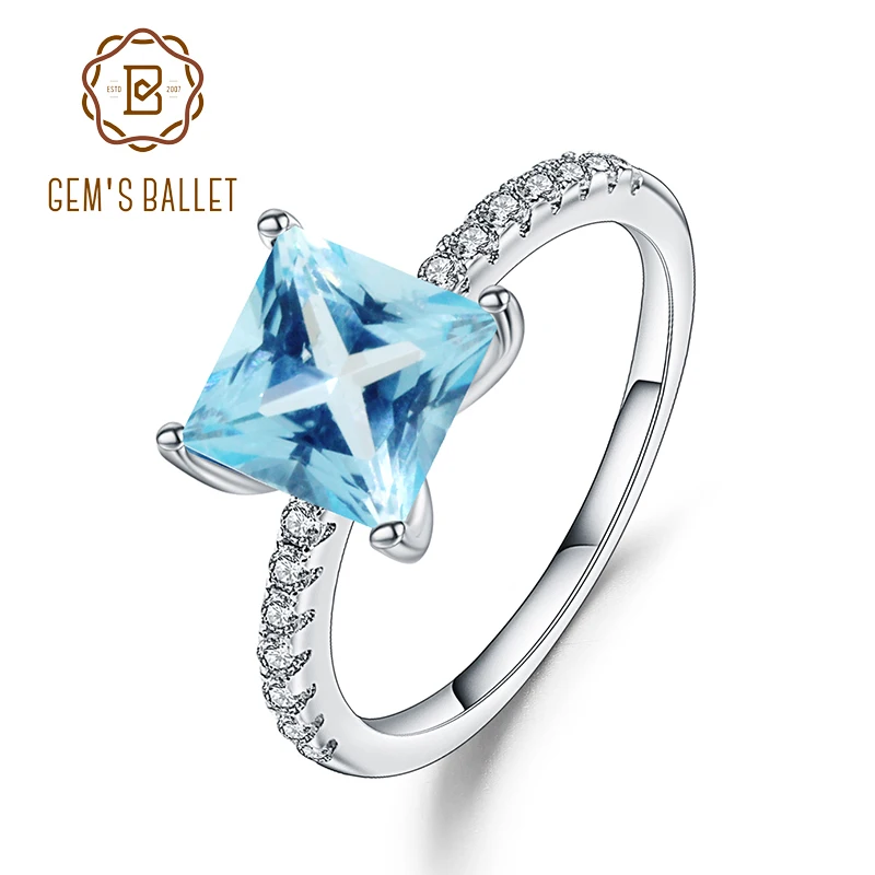 Gem's Ballet 1.49Ct принцесса огранка натуральный голубой топаз драгоценный камень кольцо 925 пробы серебряный пасьянс обручальные кольца для женщин