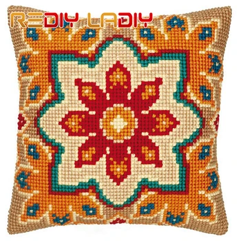 

Cross Stitch Cushion Golden Mandala Make Your Own Pillow DIY Chunky Cross Stitch Kits Printed Canvas Acrylic Yarn Pillow Case