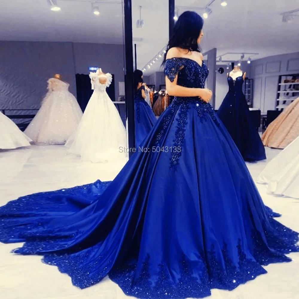 Elegant Satin Beading Evening Dresses Lace Appliques Off the Shoulder Ball Gown Formal Dress Court Train Vestido Festa | Свадьбы и