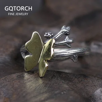 

Real Pure 925 Sterling Silver Rings For Women Butterfly On Tree Branch Adjustable Rings Vintage Creative Jewelry Girls Lady