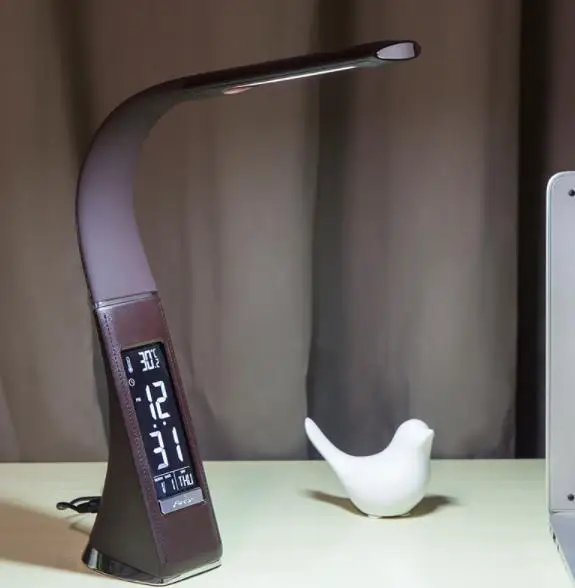 Cena Gęsiej szyi LED biurko lampa dotykowa skórzana jak ściemniająca lampka biurkowa do czytania światło z budzikiem kalendarz wyświetlacz LCD
