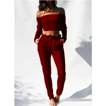 

Fashion 2 Piece Set Off the Shoulder Crop Top and Pants Bodycon Outfits Women Knitted Set