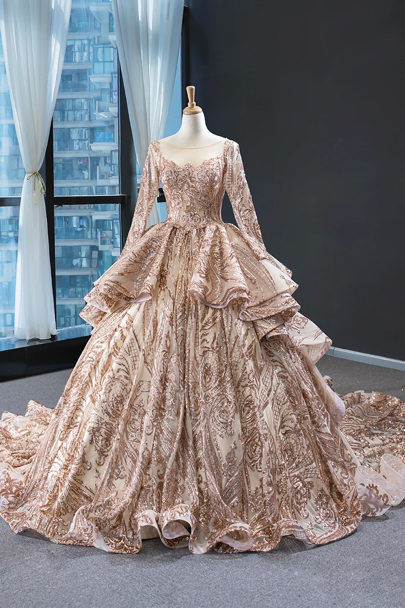 Золотое роскошное бальное платье с длинным рукавом, кружевное вечернее платье с блестками и кристаллами, вечерние платья, торжественное платье, Robe de Soiree MS04
