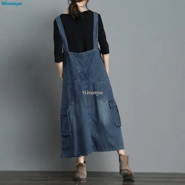 Women Loose Denim Big Pocket Dress Ladies retro Bleached Denim Dress Female Spaghetti Strap Dresses 2020 4