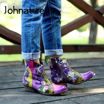 

Johnature Retro Women Shoes Hand-painted Platform Boots Genuine Leather Round Toe 2020 New Winter Zip Square Heel Ankle Boots