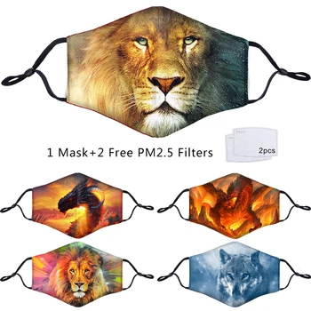 

Adult Dust-proof Pm.2.5 Filters Face Masks Cool 3D Animal Lion Tiger Wolf Flame Dragon Printed Reusable Mouth Mask Washable Mask