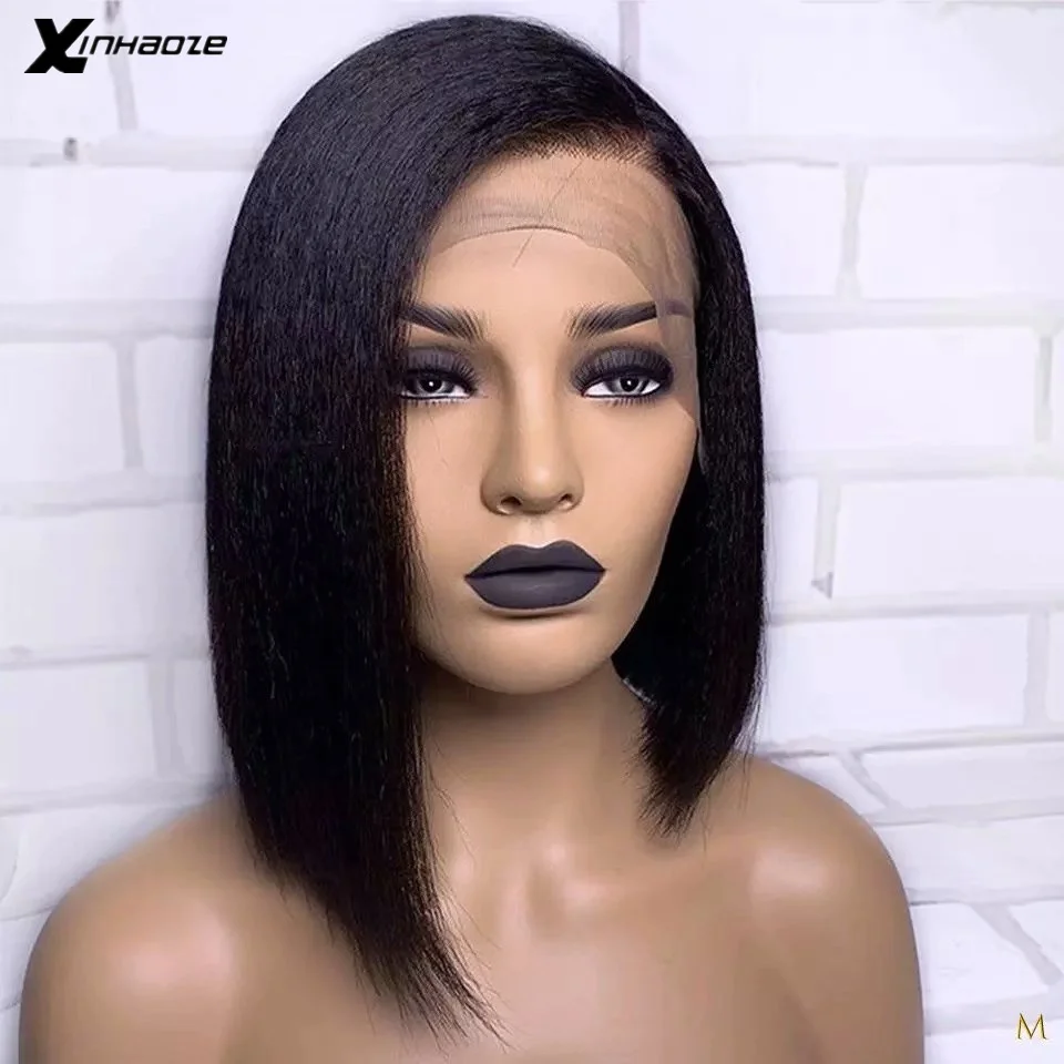 13x6 светильник Yaki прямые короткие парики из натуральных волос на кружеве для