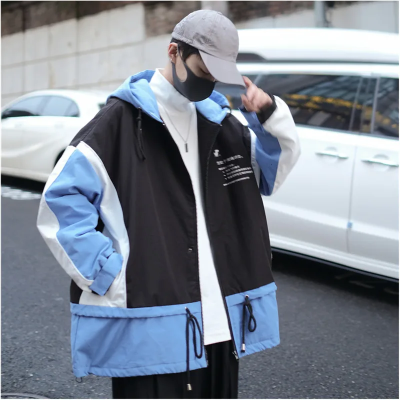 

2019 Autumn And Winter New Youth Personality Stitching Hooded Cotton Men's Fashion Casual Loose Coat Black / Green M-XL