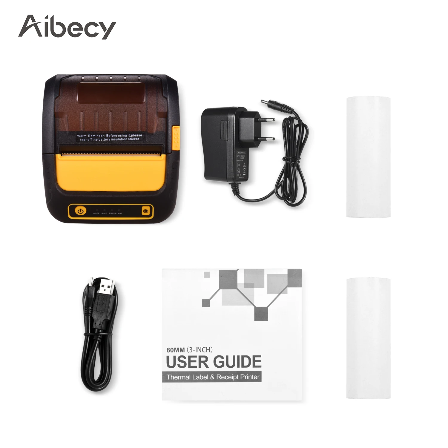 Aibecy портативный 80 мм Термопринтер портативный принтер штрих-кодов USB BT соединение беспроводной с 2 рулонов бумаги внутри