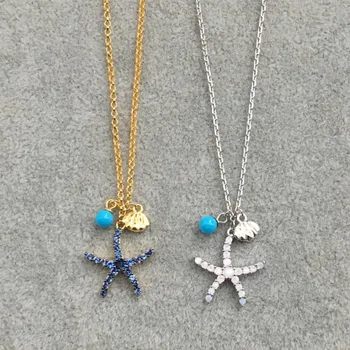 

925 Sterling silver Fashion Crystal Starfish Pendant Long tassel Necklace Natural Sea Beach Shell Pendant Funny Summer Jewelry