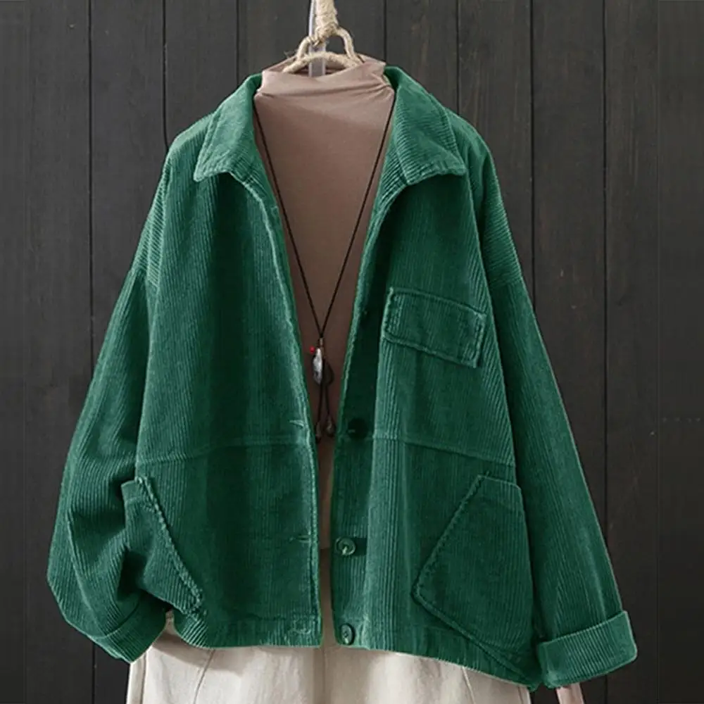 

Women Solid Cardigan Corduroy Crop Top Lapel Pocket Long Sleeve Long Autumn Coat Loose Casual OutwearJacket H1