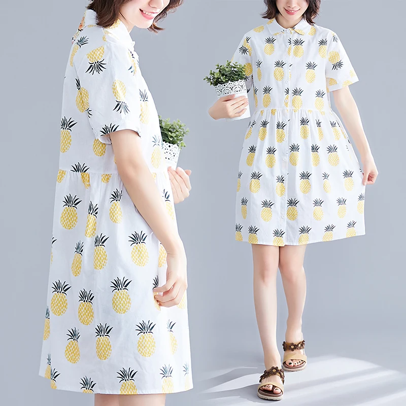 Summer New Artistic Fresh Pineapple Printed Cotton and Linen Short Sleeve Dress Loose Mid-Length Slimming Shirtdress | Женская одежда